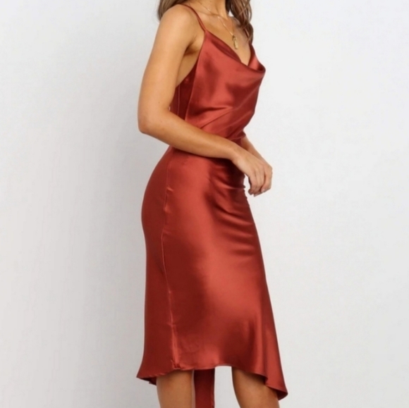 Petal & Pup Rust Cypress Draped Cowl Silky Satin Side Slit Midi Slip Dress 2US - Picture 2 of 8